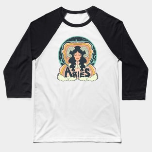 Retro Psychedelic Aries Woman with Horns Baseball T-Shirt